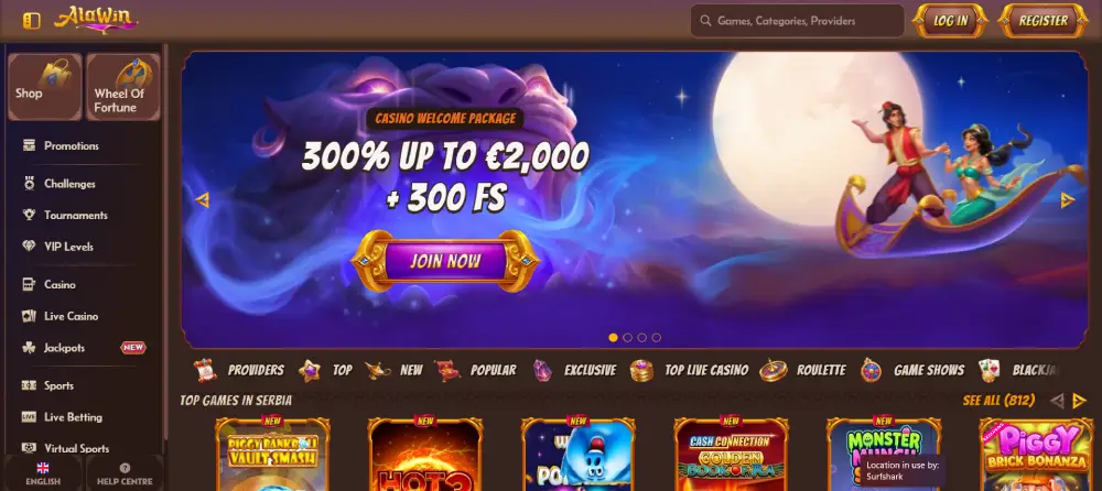 Alawin Casino – wygląd kasyna online